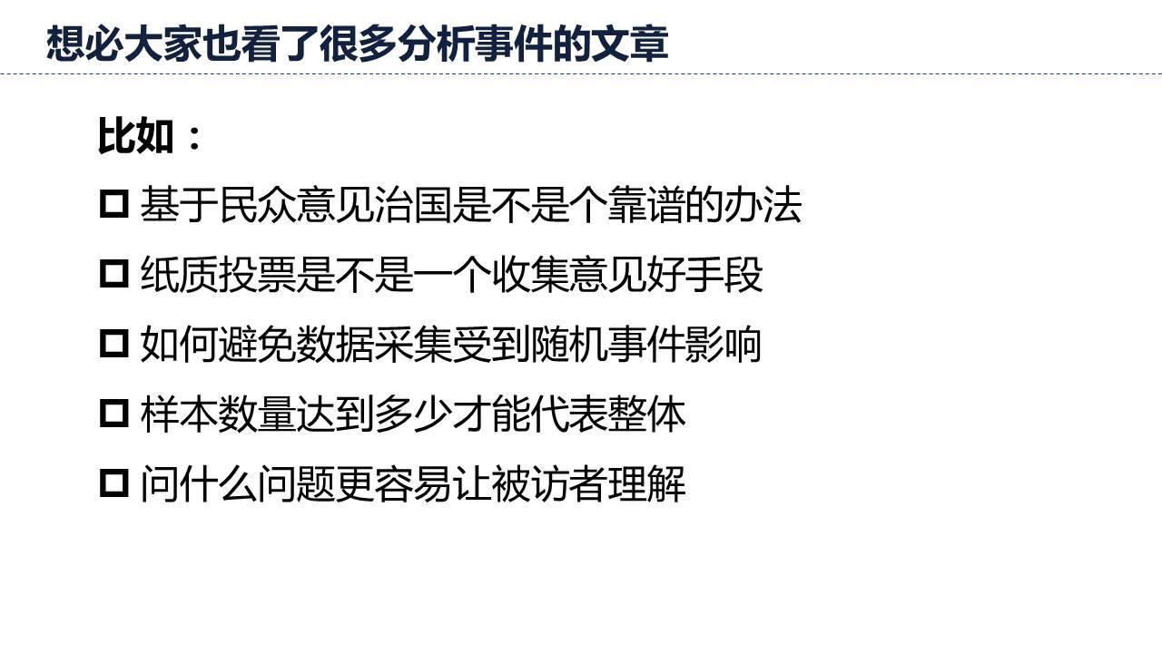 民众意见治国靠谱么、纸质投票意见是否好的手段、如何避免数据采集受到随机影响、样本数量、什么问题更易让被访者理解